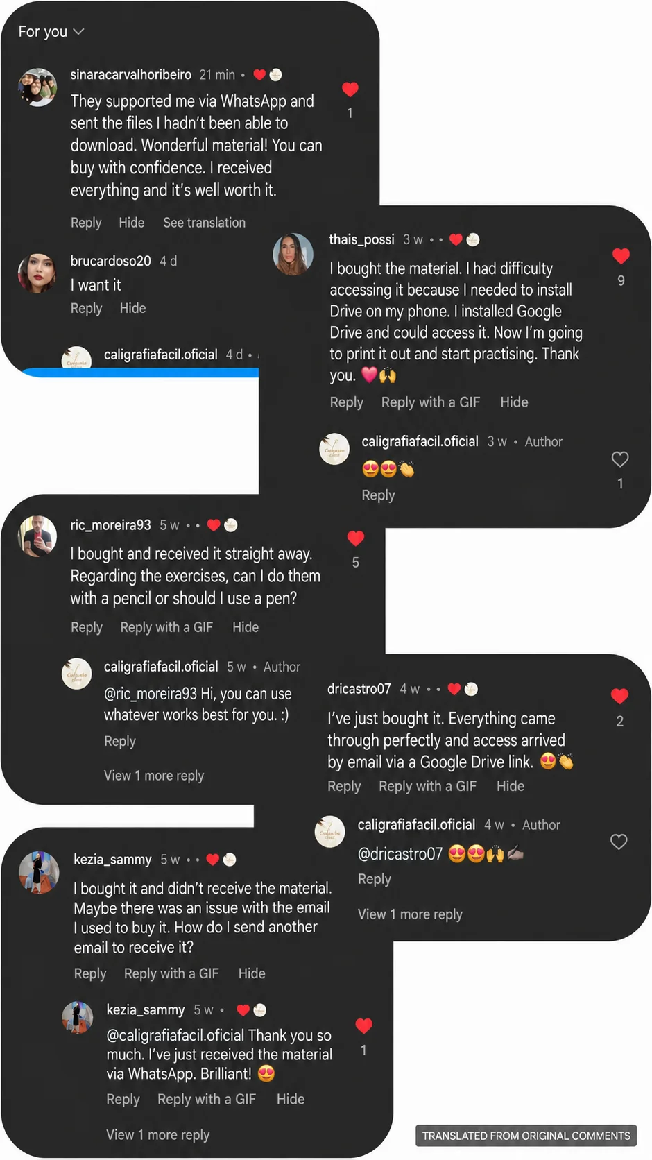 Original Instagram comments translated into English