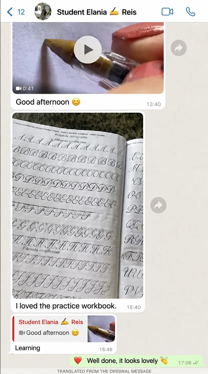 English translation of a learner’s WhatsApp workbook feedback